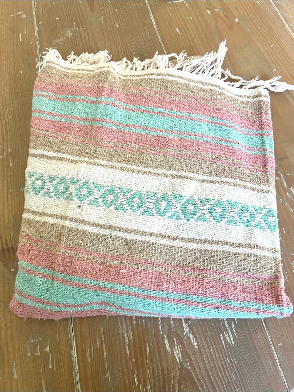 Handwoven Falsa boho blanket in Pink, Turquoise and Tan - Picture 2 of 4